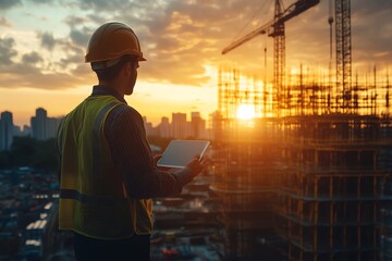 Construction worker in a hard hat and safety vest uses a tablet computer on a building site.