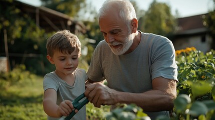 Grandfather and grandson bonding over gardening in a sunny backyard setting