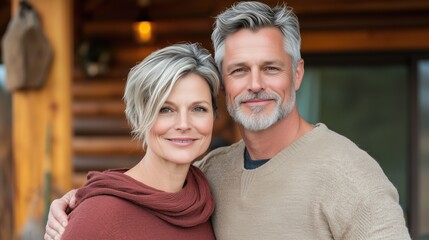 Obraz premium Happy couple in 50s embracing outdoors for a spring getaway mood