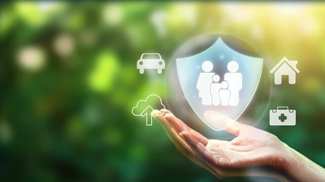 An insurance plan for a family with icons and a hand holding a top element. Protect your family.