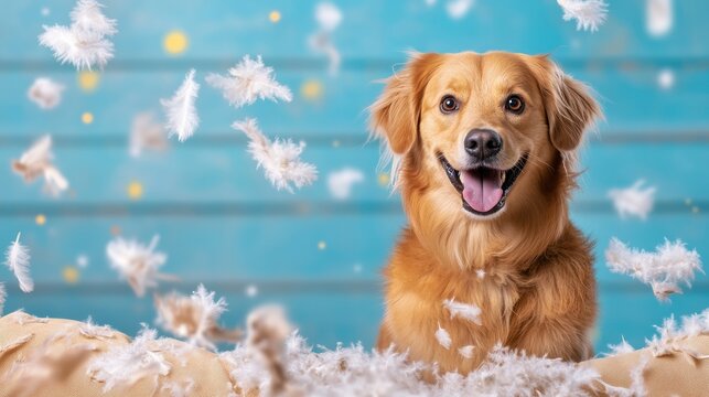 Cheerful Golden Retriever Puppy Playing with Floating Feathers in Outdoor Background
