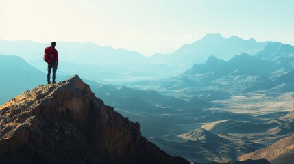 Fototapeta premium Peaceful solo travel background with a lone hiker standing atop a mountain, gazing at the vast landscape below
