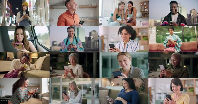 Phone typing, people and collage with technology for global communication and international networking. Connection, diversity group and smartphone for text message, mobile chat and happy community