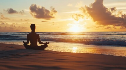 Fototapeta premium Silhouette of a Man Meditating on a Beach at Sunset