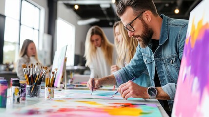 Fototapeta premium Colorful Creative Workspace with Art Supplies and Stationery for Collaborative Design and Brainstorming
