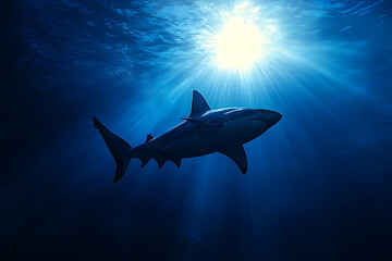 A shark swimming in deep blue water with sunlight filtering through the surface.