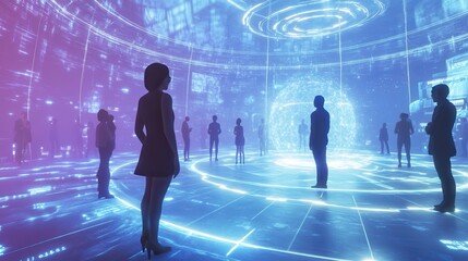 Obraz premium Silhouettes of People in a Futuristic Digital Space