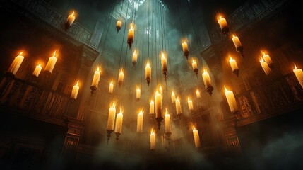 Floating ghostly candles above an ornate Victorian setting, Halloween aesthetic, surreal vibe
