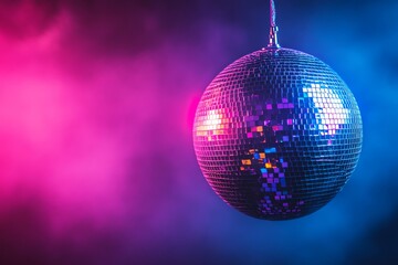 Obraz premium Disco ball hanging in a dark room illuminated by pink and blue lights.