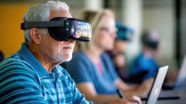 Elderly man exploring virtual reality technology with a headset device for digital entertainment or learning