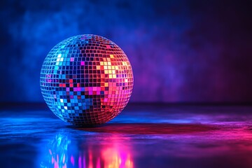 Disco ball on a reflective surface illuminated by blue and purple lights.