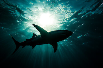 A silhouette of a shark swimming beneath sunlit water, showcasing marine life and beauty.