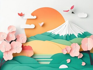 Paper folding flat design top view Japanese tradition cartoon drawing colored pastel