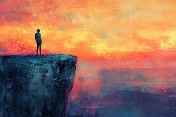 Fototapeta premium Feeling on the Brink - Illustration of a Teen Standing at the Edge of a Cliff Symbolizing Uncertainty and Vulnerability