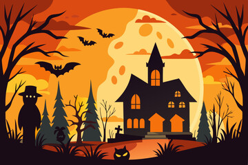  Halloween background with castle, Halloween panorama in scary witch style