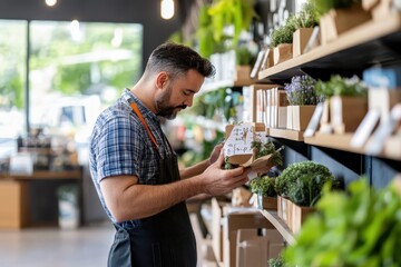Male employee working and arranging potted plants and floral products in a greenhouse or retail store