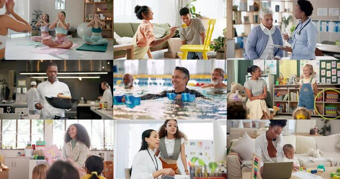 Workplace, career and collage of people with diversity, connection or global platform for growth. Community, international network and mosaic of job opportunity, development and professional balance