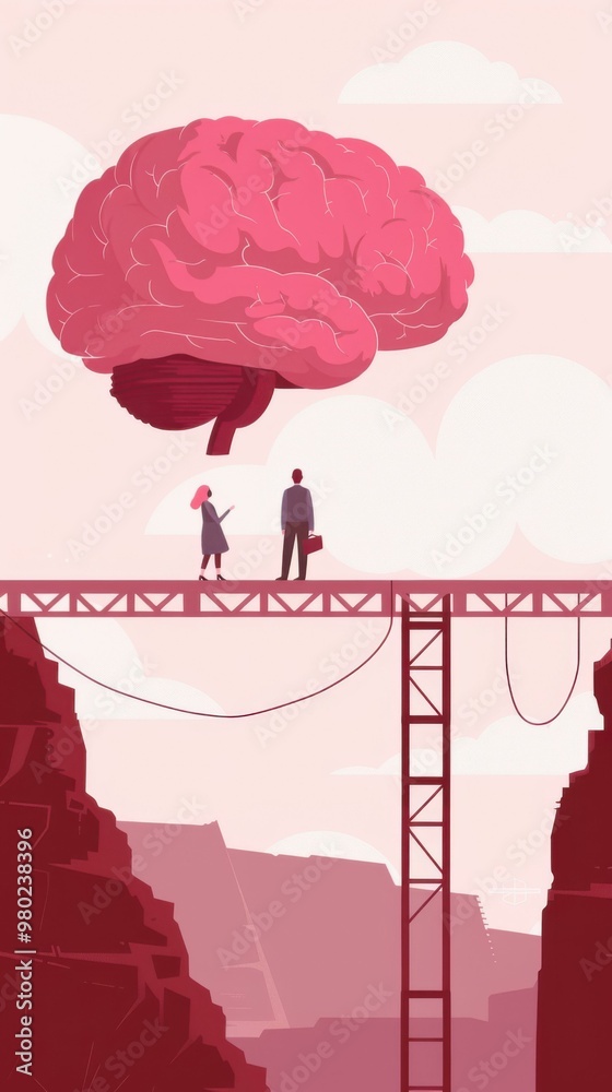 Wall mural A man and a woman are standing on a bridge with a pink brain in the background