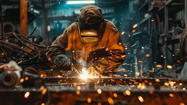 Welding sparks lighting up a dark, gritty workshop, welder surrounded by rustic metal surfaces, industrial equipment and tools in the background