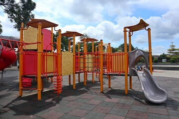 Colorful children's play equipment in the park.