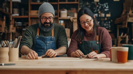 Two Smiling Small Business Owners Collaborating in Their Cozy Cafe Workspace