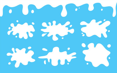 Set flat milk splash. Liquid Shapes Vector illustration. Water, fluid, paint, milk puddle, stain, rounded blot with splashes, drops, blobs, droplets. Design elements.