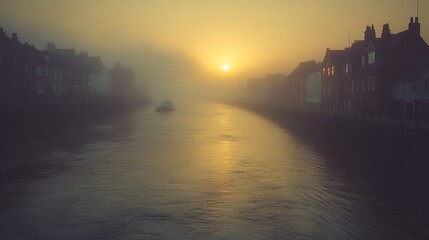 Fototapeta premium Dense fog covering a coastal town at dawn, foggy weather, quiet and eerie, medium angle shot