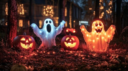 Halloween outdoor lighting with glowing ghosts and neon pumpkins lighting up a spooky yard