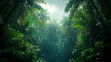 Obraz premium Tropical rain shower over a dense jungle, wet weather, lush and vibrant, medium angle shot