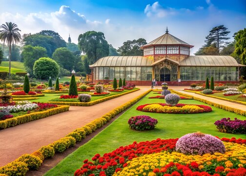 Vibrant flowers and intricate art pieces adorn the serene Lalbagh Botanical Garden, celebrating India's rich cultural heritage on Independence Day.