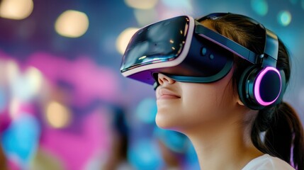Naklejka premium Woman Wearing Virtual Reality Headset Experiencing Futuristic Digital Technology