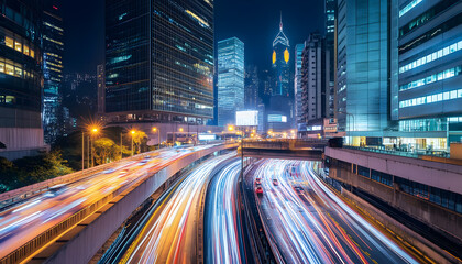Obraz premium A bustling city at night, with skyscrapers illuminated and traffic creating streaks of light