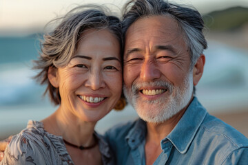Fototapeta premium An elderly couple taking a photo by the seaside