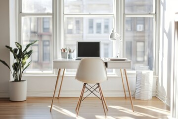 Fototapeta premium A minimalist home office with a clean desk, a modern chair, and minimal decor, set against a backdrop of white walls and large windows allowing natural light to flood the space