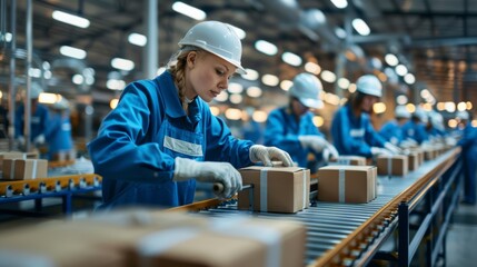 Fototapeta premium Factory workers assembling products on a conveyor belt in a bright, well-organized manufacturing plant, focus on teamwork and efficiency