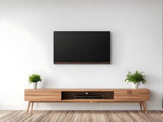Living room led tv on white wall with wooden table empty interrior. Front view.