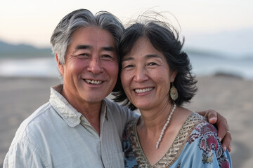Obraz premium An elderly couple taking a photo by the seaside