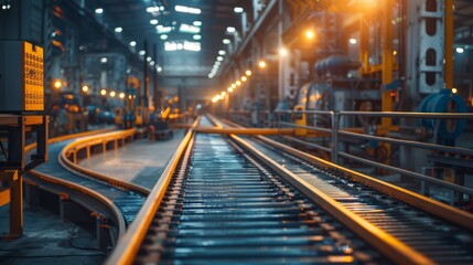 Fototapeta premium Conveyor belts transporting materials in an industrial setting, advanced machines processing them, industrial lighting casting shadows