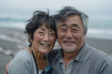 Fototapeta premium An elderly couple taking a photo by the seaside