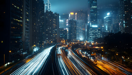 Fototapeta premium A bustling city at night, with skyscrapers illuminated and traffic creating streaks of light