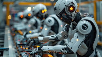 Fototapeta premium Factory robot workers in helmets and gloves operating advanced robotics on a high-tech assembly line, focused on precision manufacturing, modern industrial environment