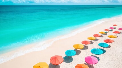 Vibrant travel beach background with colorful umbrellas dotting the sand, turquoise waters stretching into the horizon.