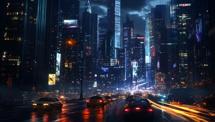 Obraz premium A bustling city at night, with skyscrapers illuminated and traffic creating streaks of light