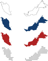Malaysia map detailed in outline, blue, red, dotted style