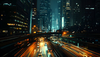 Obraz premium A bustling city at night, with skyscrapers illuminated and traffic creating streaks of light