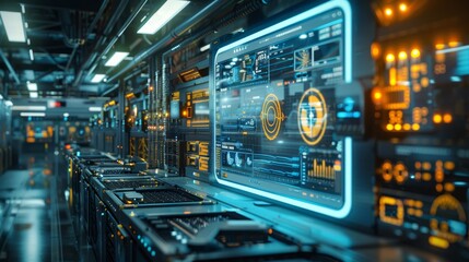 Naklejka premium Industrial plant with AI and IoT integration, automated robotic systems, real-time data monitoring, advanced manufacturing processes, smart technology