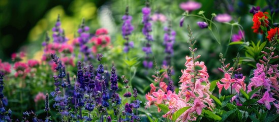 Obraz premium Natural Fresh Unusual Multicolored Bard Purple Pink Red Flowers And Green Plants In The Garden In Summer