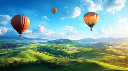 Naklejka premium Vibrant travel wallpaper with hot air balloons flying over green valleys and distant hills under a clear blue sky.