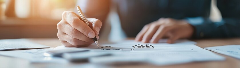 A person writes on paper with a pen, focusing on important details in a professional setting, conveying productivity and planning.