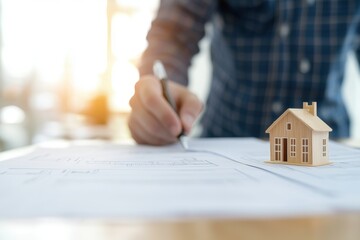 A person writing on a document with a miniature wooden house as a symbol of real estate planning and property investment.